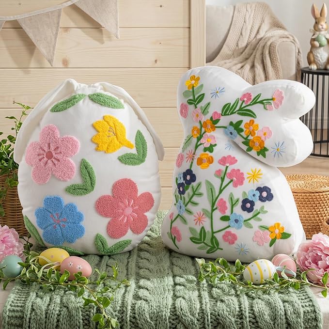 Lanpn Easter Bunny Egg Shaped Throw Pillows Set of 2, Floral Embroidered Rabbit Decorative Cushions for Sofa Couch Bedroom Spring Holiday Home Decor (White)