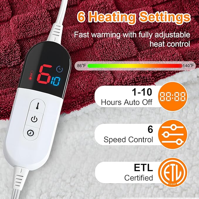 Electric Heated Blanket Queen Size Dual Control - Jacquard Checkered Sherpa 84"x90" Fast Heating Bed Blankets with 6 Heating Levels & 10 Hours Auto Off, Over-Heat Protection ETL, Red
