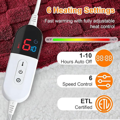 Electric Heated Blanket Queen Size Dual Control - Jacquard Checkered Sherpa 84"x90" Fast Heating Bed Blankets with 6 Heating Levels & 10 Hours Auto Off, Over-Heat Protection ETL, Red
