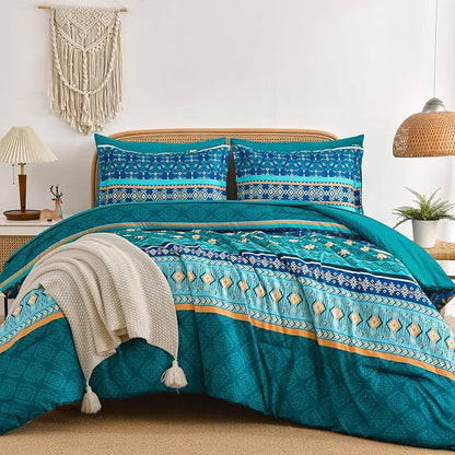 Boho Comforter Set Queen Size,7 Pieces Comforter Bedding Set Bed in a Bag Bohemian,Turquoise Blue Paisley Floral Comfortet and Sheet Set,Soft Striped Bedding Sets for All Season
