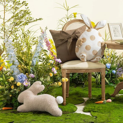 Phantoscope Happy Easter Bunny Shaped Throw Pillow, Plush Boucle Jumping Rabbit Cushion Sherpa Easter Decorative Pillow for Couch Living Room Bed, Beige, 14.5 x 21.5 inches