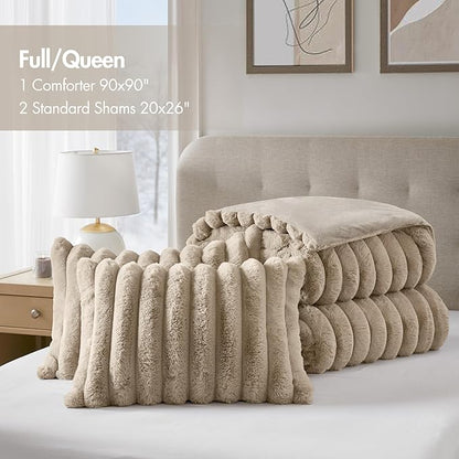 Madison Park Jasmine Queen Comforter Set, Luxurious Reversible Faux Fur Plush Ribbed Velvet Bedding, Fuzzy Thick Warm Winter Comforter, Super Soft Fluffy 3-Piece Set Taupe