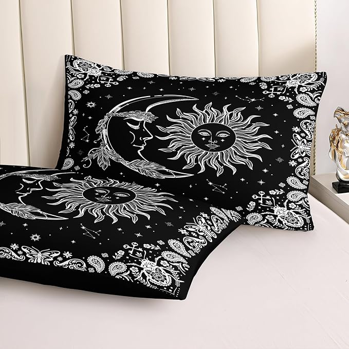 Sun and Moon Comforter Set 8 Pcs Black White Paisley Bedding Sets Stars Starry Sky Galaxy Theme Boho Comforter Paisley Floral Exotic Bedding Comforter King Bed in A Bag