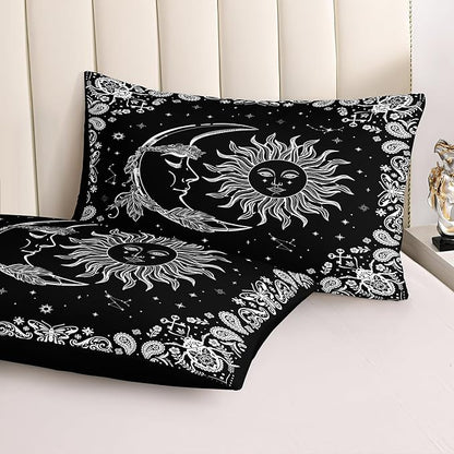 Sun and Moon Comforter Set 8 Pcs Black White Paisley Bedding Sets Stars Starry Sky Galaxy Theme Boho Comforter Paisley Floral Exotic Bedding Comforter King Bed in A Bag
