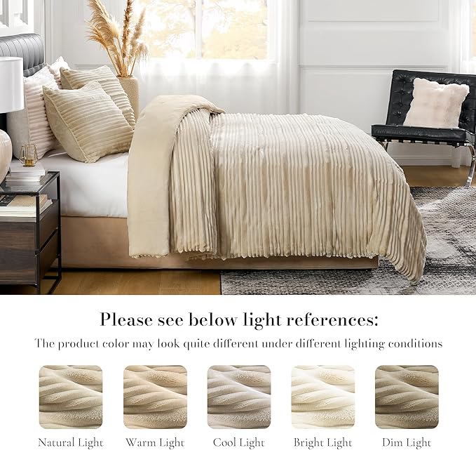 Amélie Home High-End Fleece King Size Comforter Set,Cozy Warm Striped Plush Bedding Set for Winter, 3 Pieces, 1 Cozy Comforter with 2 Pillowcases, Beige, 106"x90"