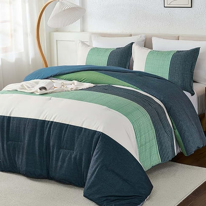 WONGS BEDDING Comforter Set Queen Size, 3 Pieces Blue Striped Patchwork Comforter for Queen Bed, Soft Microfiber Reversible Bedding Set for All Season (90"x90")
