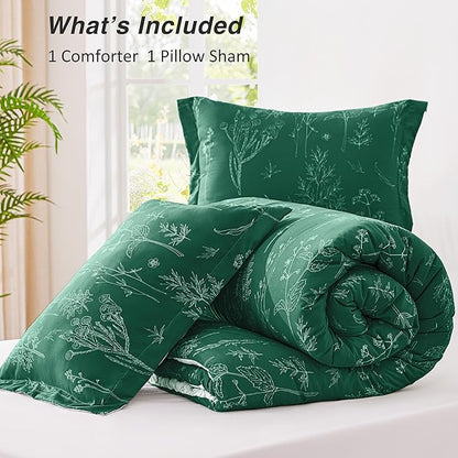 Love's cabin Emerald Twin Comforter Set - Twin XL Size Comforter Set Dorm Bedding, 2 Pieces Cute Floral Bedding, Soft Reversible Flowers Comforter, 1 Comforter & 1 Pillow Sham
