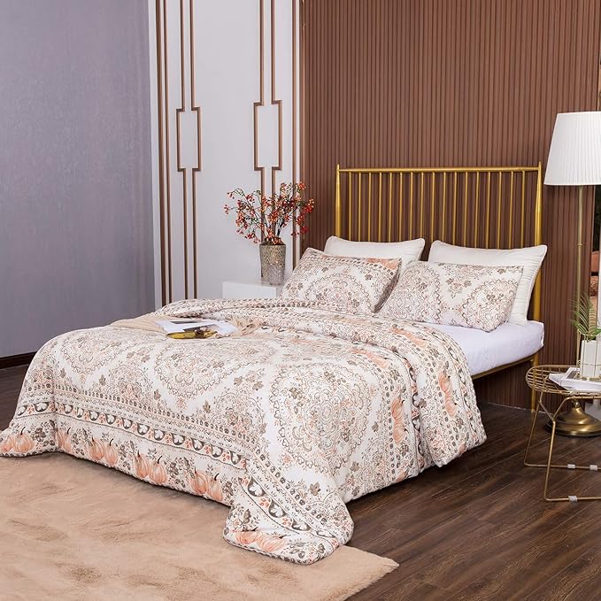 CLOTHKNOW Brown Floral Queen Comforter Set Botanical Bedding Comforter Sets Boho Comforter Pumpkin Comforter Queen with 2 x Pillow Cases
