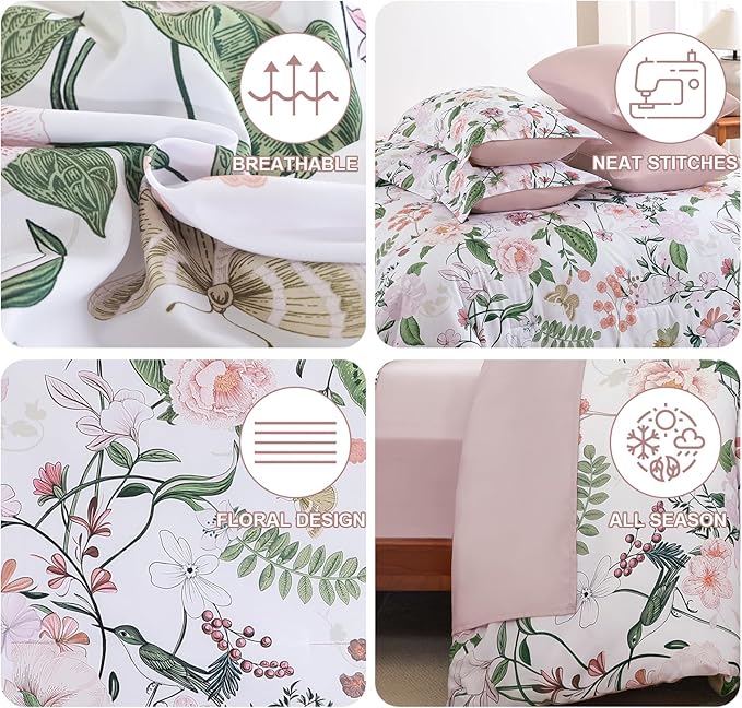 Anibedding 7Pieces Floral Queen Size Comforter Set, Garden Plant Style Bed in a Bag Pink Flower Bedding Comforter Set with Pillow Case for Bedroom