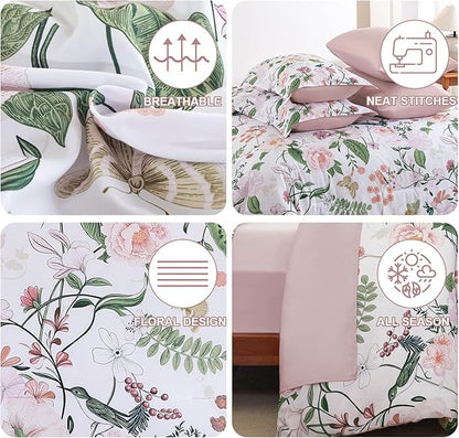 Anibedding 7Pieces Floral King Size Comforter Set, Garden Plant Style Bed in a Bag Pink Flower Bedding Comforter Set with Pillow Case for Bedroom