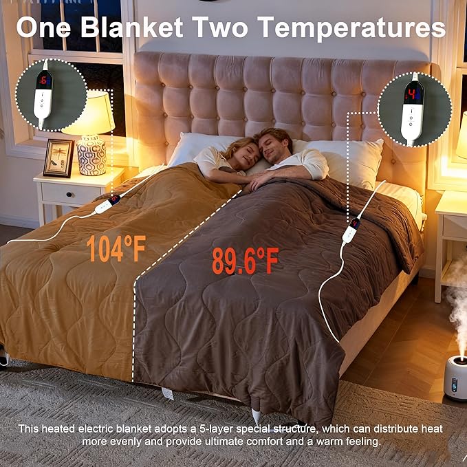 Electric Blanket King Size - Dual Control Heated Blanket King Size, Fast Heating with 10 Time Settings & 6 Heat Settings, Warm Gift (Khaki, King 90" x 104")