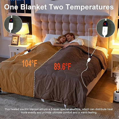 Electric Blanket King Size - Dual Control Heated Blanket King Size, Fast Heating with 10 Time Settings & 6 Heat Settings, Warm Gift (Khaki, King 90" x 104")