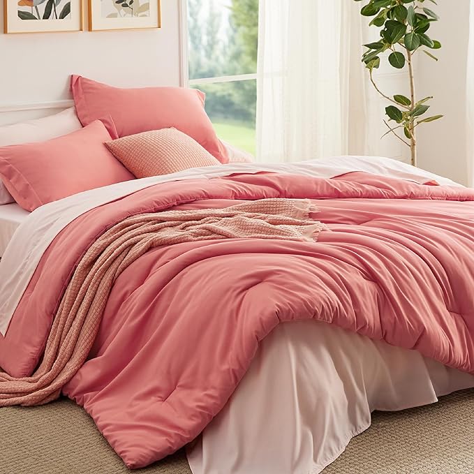 Bedsure Full Size Comforter Set - 7 Pieces Coral Full Bedding Set for All Seasons, Boho Contrasting Design Bed in a Bag with Comforter, Sheets, Pillowcases & Shams