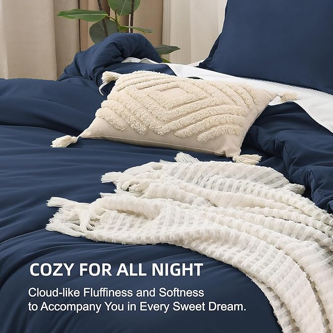 Litanika Navy Blue Comforters Oversized Queen Size, 3 Pieces Lightweight Solid Bedding Comforter Set, All Season Fluffy Bed Set (98x98In Comforter & 2 Pillowcases)