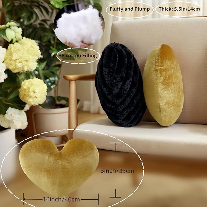 16 Inch Heart Pillow Cute Soft Decorative Throw Pillows, Heart Shaped Fluffy Faux Fur Pillows Cushions for Couch Sofa Bed Bedroom Room Home Decor Aesthetic (2, Gold, Medium-16 x13)