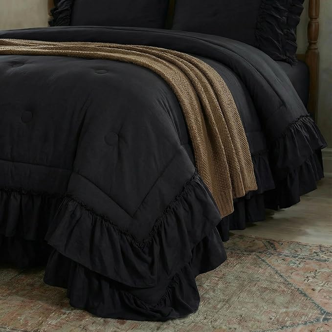 Black Comforter Set King Boho Bedding Set Shabby Chic 2 Layers Ruffled Bedroom Home Decor Ultra Soft Microfiber Farmhouse Down Comforter Bohemian Quilt Set