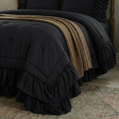 Black Comforter Set King Boho Bedding Set Shabby Chic 2 Layers Ruffled Bedroom Home Decor Ultra Soft Microfiber Farmhouse Down Comforter Bohemian Quilt Set