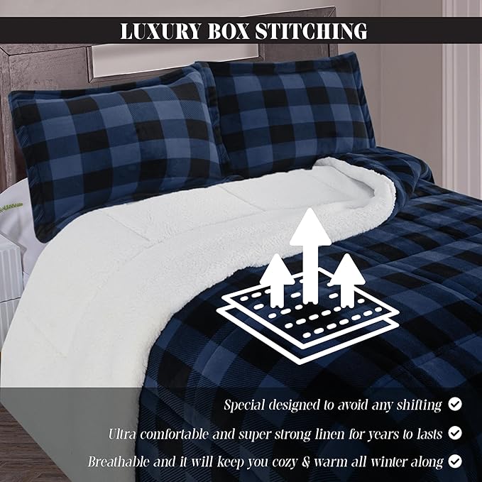 Elegant Comfort 3-Piece Buffalo Lodge-Plaid Comforter Set, Luxurious, Heavyweight, All Season, Down Alternative-Micromink Sherpa-Backing Reversible Micro-Suede, Soft and Plush, King, Blue