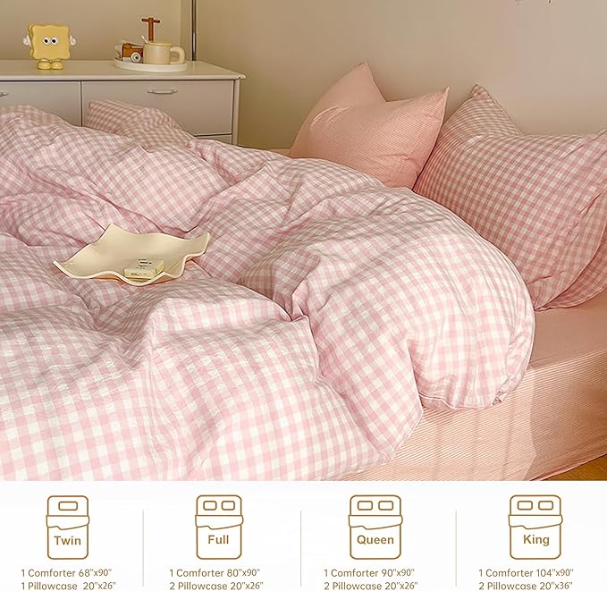 BOLINLIVING Gingham Twin Comforter Set Kids, Soft Breathable Bed in a Bag Twin Size 2 Pieces, Pink White Checkered Plaid Bedding Set for All Season, 1 Comforter & 1 Pillowcase