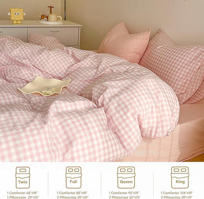 BOLINLIVING Gingham Twin Comforter Set Kids, Soft Breathable Bed in a Bag Twin Size 2 Pieces, Pink White Checkered Plaid Bedding Set for All Season, 1 Comforter & 1 Pillowcase