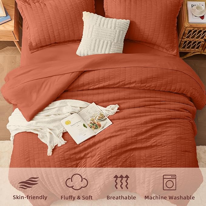 FUANNA Full Size Comforter Sets 7 Pieces, Luxury Seersucker Bed in a Bag Full for All Seasons, Soft Bed Sets with Comforter, Flat Sheet, Fitted Sheet, Pillowcases & Shams for Bedroom, Burnt Orange
