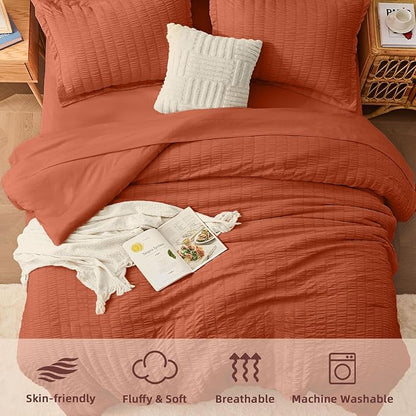 FUANNA Full Size Comforter Sets 7 Pieces, Luxury Seersucker Bed in a Bag Full for All Seasons, Soft Bed Sets with Comforter, Flat Sheet, Fitted Sheet, Pillowcases & Shams for Bedroom, Burnt Orange