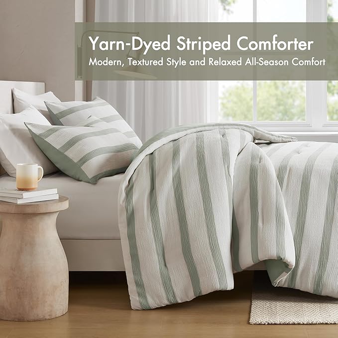 Madison Park Essentials Striped Comforter Set King Size, Yarn-Dyed Reversible Comforter with Minimalist Stripes, Crinkled Texture Bedding Set for All-Season Lightweight Warmth, Merritt Sage Green
