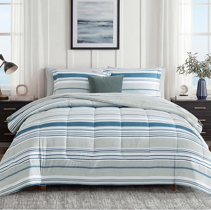 Monbix Queen Comforter Set - 7 Pieces Bed in a Bag Queen, Blue-Stripe Bedding Sets, All Seasons Comforter Bed Set with Sheets, Pillowcases & Shams