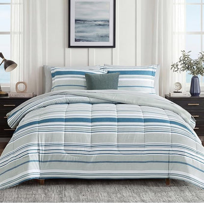 Monbix Full Size Comforter Set - 7 Pieces Bed in a Bag Full, Blue-Stripe Bedding Sets, All Seasons Comforter Bed Set with Sheets, Pillowcases & Shams