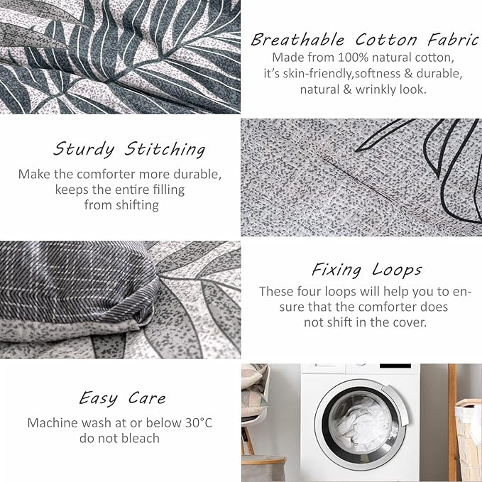 ALESSEL Natural Cotton 3pcs Botanical Comforter Set - Queen Size, Dark Gray Comforter with Blue & Gray Leaves, Reversible Lightweight Floral Bedding Sets