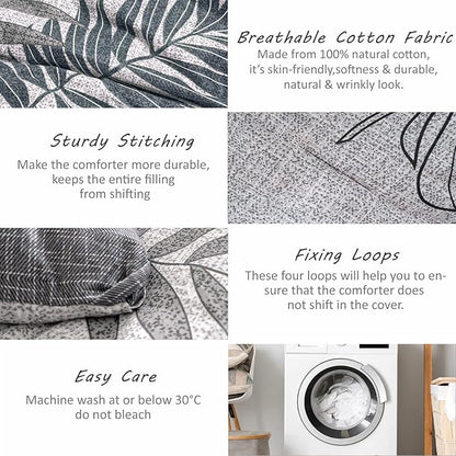 ALESSEL Natural Cotton 3pcs Botanical Comforter Set - Queen Size, Dark Gray Comforter with Blue & Gray Leaves, Reversible Lightweight Floral Bedding Sets
