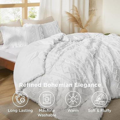 Bedsure Tufted Boho Comforter Set Queen Size - Bright White Boho Bed Set, GentleSoft™ 3 Pieces Farmhouse Shabby Chic Embroidery Bedding, Gifts for Woman, Soft Jacquard Queen Comforter for All Seasons