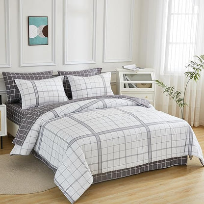 EMME King Comforter Set-7 Pieces Bed in a Bag Plaid Bedding Sets with Black White Comforter,Sheets, Pillowcases and Shams,Soft Microfiber Down Alternative for All Season