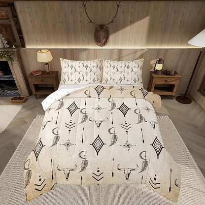 Feelyou Bull Skull Western Comforter Set Ethnic Horns Boho Twin Size Bedding Set for Kids Adult Black Brown Tribal Symbol Mysterious Aztec Comforter