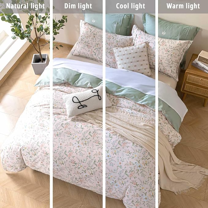 Faded Blush Floral Cotton Comforter Queen Size - 3PC Lightweight Bedding Sets with Soft Alternative Fill, Vintage-Inspired Delicate Botanical Patterns, Muted Sage Reversible Design