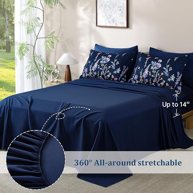 Yiran Navy Floral Comforter Set King Size, 7 Piece Blue Botanical Flowers Comforter Bedding Set, Bed in a Bag King, Soft Microfiber Complete Bedding Set with Sheets for All Season