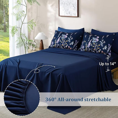 Yiran Navy Floral Comforter Set King Size, 7 Piece Blue Botanical Flowers Comforter Bedding Set, Bed in a Bag King, Soft Microfiber Complete Bedding Set with Sheets for All Season