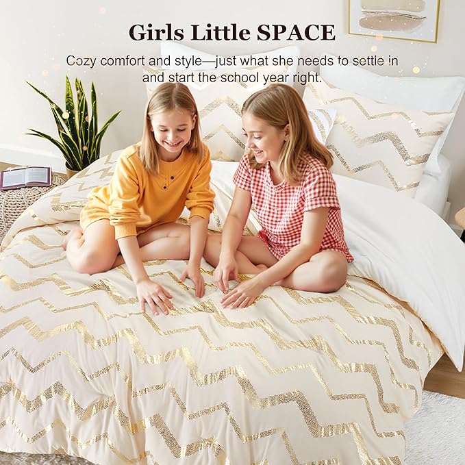 Codi Teen Bedding Set Twin Size, Cute Ivory & Gold Comforter Sets for College Dorm Girls, 3 Pieces - All Seasons Warm
