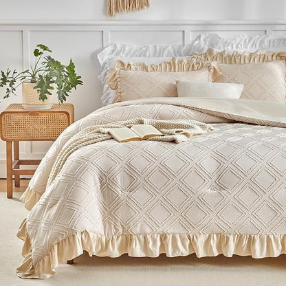Flysheep Tufted Grids Ruffle Comforter Set King Size, 3 Pieces Beige Vintage Farmhouse Shabby Chic Comforters, Jacquard Boho Bohemian Bedding Set for All Season (1 Ruffled Comforter+ 2 Pillow Shams)
