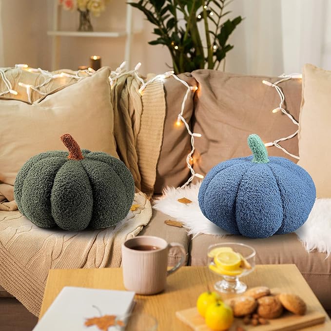 Queekay 2 Pcs Pumpkin Pillow Plush 11 x 9.5 Inch Thanksgiving Stuffed Pumpkin Decor for Fall Home Bedroom Throw Pillow Cushion Gifts for Holiday Operation Christmas Halloween Car Sofa(Army Green)