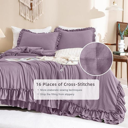 Masaca Farmhouse King Size Comforter Set,Shabby Boho Chic Bedding Grayish Purple Ruffled King Bed Comforter Vintage Rustic Bedding Sets 3 Pieces (1 Ruffle Comforter and 2 Pillowcases)