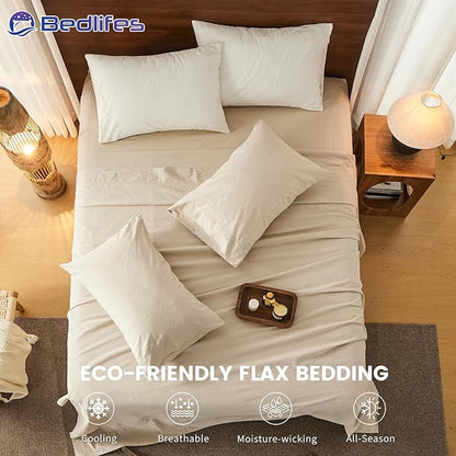 Bedlifes 100% French Pure Linen Sheets King Size Breathable and Cooling Flax Sheet Set Soft Durable and Moisture Wicking 16 Inch Deep Pocket-4 Piece(King,Linen)