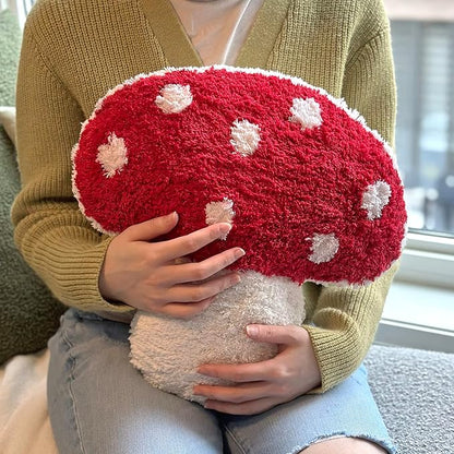 Mushroom Throw Pillow Tufted Shape Decorative Cushion 15” x 15” – Decor for Bed, Couch, Living Room (Red)