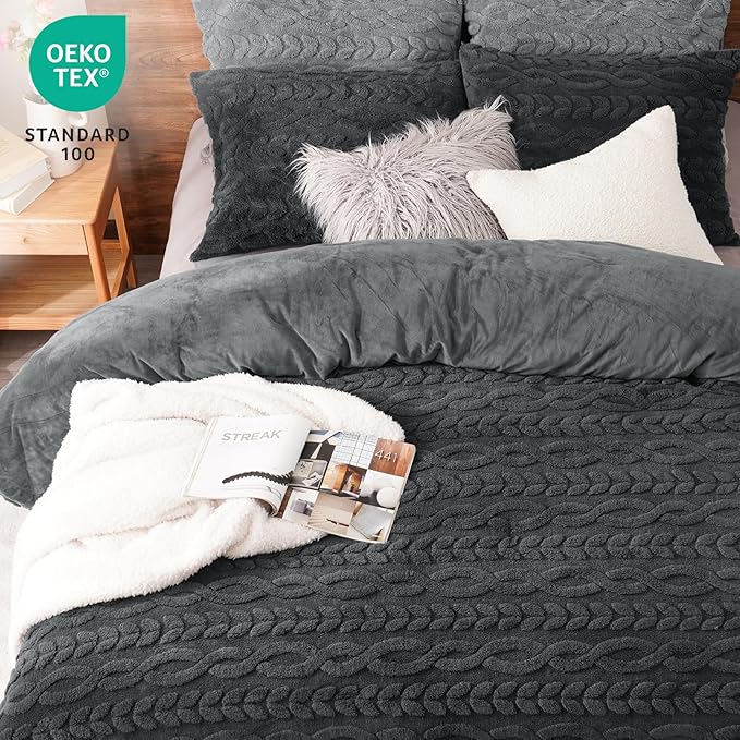 PHF Fluffy Sherpa Fleece Twin Comforter Set, 2 Pieces Warm Fuzzy Soft Bedding for Winter, 3D Tufted Flannel Plush Shaggy Bed Set, 1 Comforter (68"x90") and 1 Pillowcase (20"x26"), Dark Grey