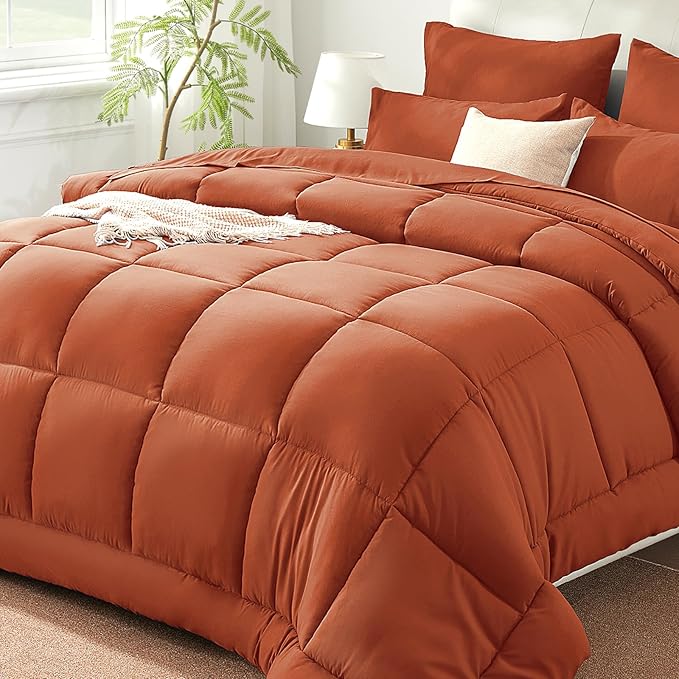 SunStyle Home Burnt Orange Full/Queen Comforter Set - 7 Pieces Bed in a Bag, Lightweight Goose Down Alternative Bedding Sets with All Season Comforter, 1 Flat Sheet, 1 Fitted Sheet, 4 Pillowcases