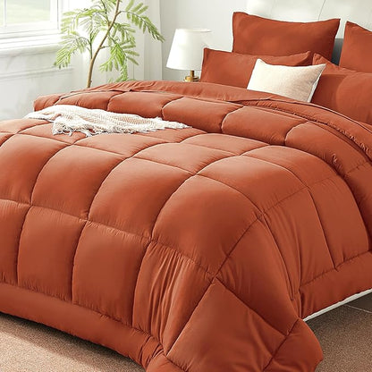 SunStyle Home Burnt Orange Full/Queen Comforter Set - 7 Pieces Bed in a Bag, Lightweight Goose Down Alternative Bedding Sets with All Season Comforter, 1 Flat Sheet, 1 Fitted Sheet, 4 Pillowcases