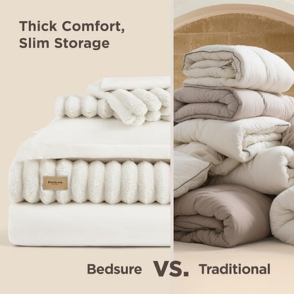 Bedsure Gentlesoft 2-in-1 Queen Comforter Set and Detachable Fluffy Blanket, Cream White Bedding Set for All Season Use, SnapTech Design for Space Saving (Includes 2 Pillow Shams, 2 Pillowcases)