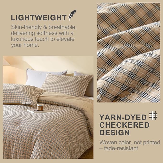 100% Cotton Comforter Set Full Size – Reversible Yarn-Dyed Checkered Design, Soft Washed Cotton on Both Sides, Lightweight All-Season Bedding, Machine Washable(Beige Plaid, 80”x90”)