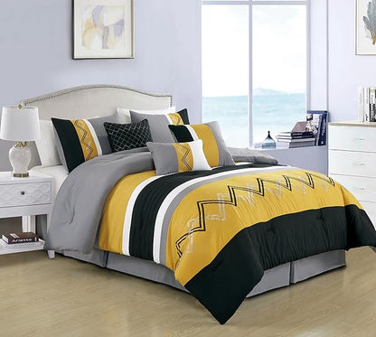 Chezmoi Collection Arden 7-Piece Modern Pleated Stripe Embroidered Zigzag Bedding Comforter Set (Oversized King, Turmeric/Black/Silver Gray/White)
