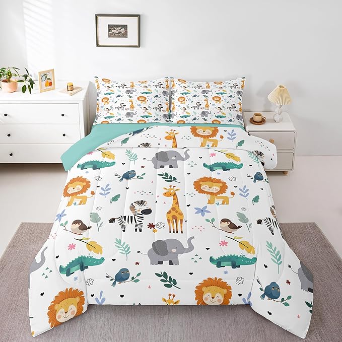 Erosebridal King Size Zoo Animal Comforter Set, Giraffe Lion Elephant Bedding Set, Cute Wild Animals Down Comforter for Kids Teens Boys Girls Bedroom, Cartoon Safari Wildlife Quilt,Lightweight